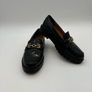 Circus by Sam Edelman Deana Lug Sole Loafers – Black Croc-Embossed,Gold Hardware